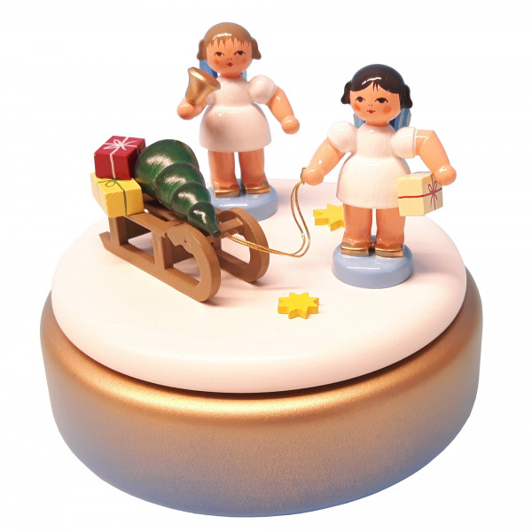 Spieldose blau/weiß/gold mit 2 Engel und Geschenkeschlitten, blaue Flügel
