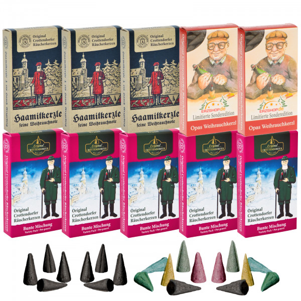 Original Crottendorfer Räucherkerzen Räucherglück - 10 Schachteln - 3x Haamitkerzle, 5x Bunte Mischung, 2x Opas Weihrauchkerzl
