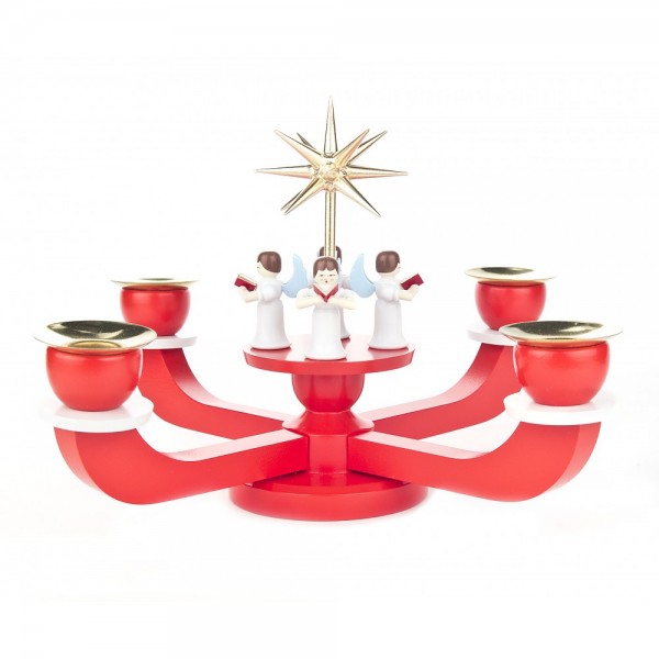 Dregeno Erzgebirge - Adventsleuchter mit Stern und Engeln, rot - 18cm