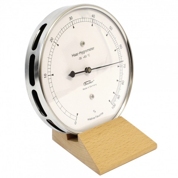 Fischer Präzis Haar-Hygrometer im Edelstahlgehäuse mit Holzfuss Buche