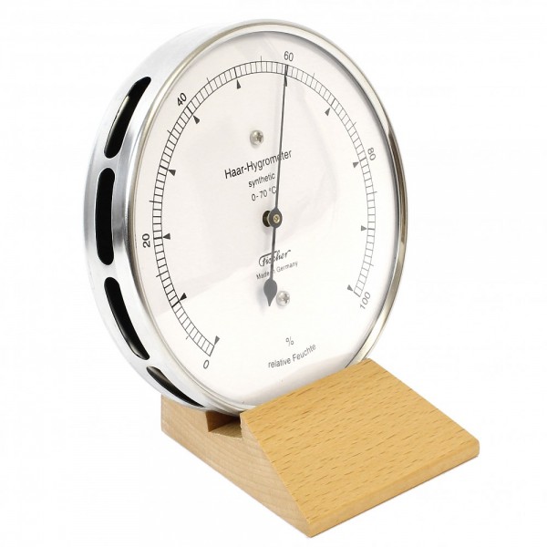 Fischer Präzis Haar-Hygrometer synthetic Gehäuse Edelstahl mit Holzfuss Buche