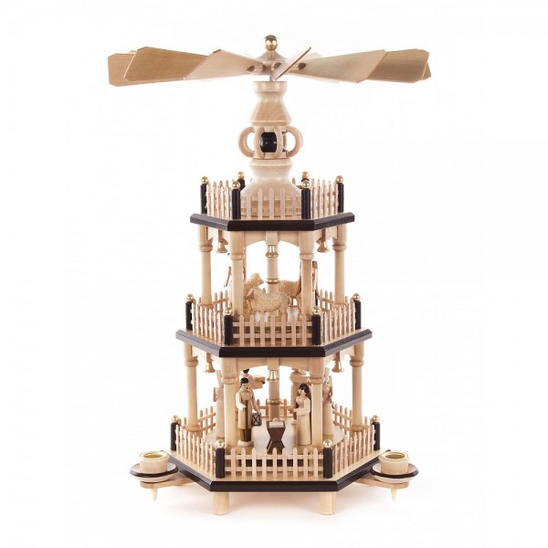 Dregeno Erzgebirge - Pyramide 3-stöckig mit Christi Geburt, natur - 35cm