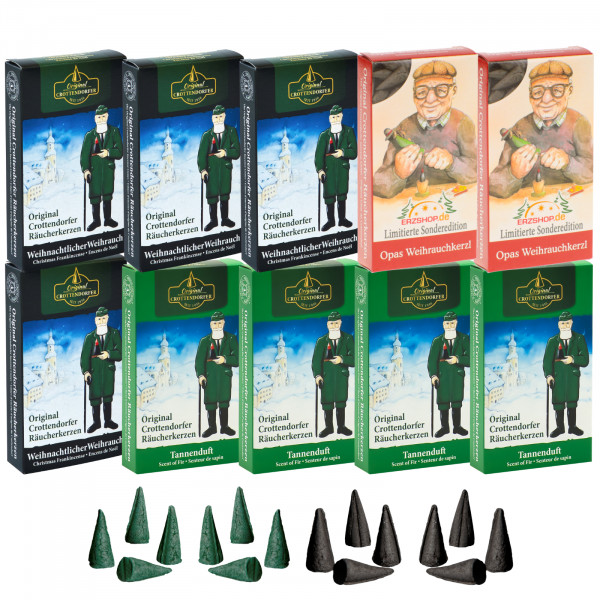 Original Crottendorfer Räucherkerzen Wintermärchen - 10 Schachteln - 4x Weihrauch, 4x Tannenduft, 2x Opas Weihrauchkerzl