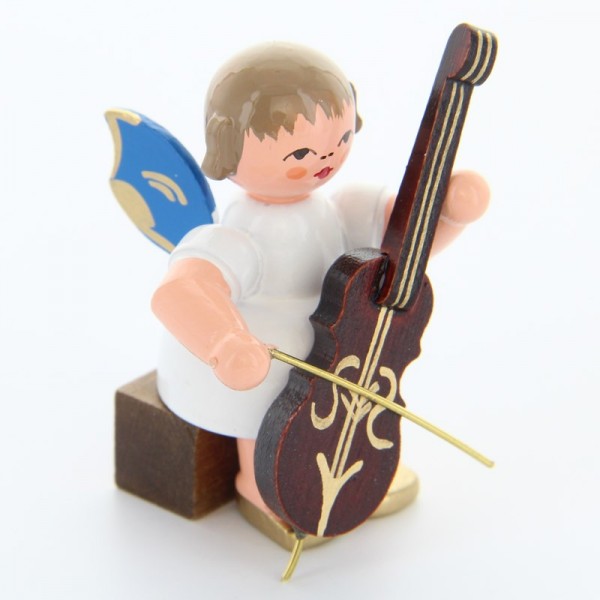 Uhlig Engel sitzend mit Cello, blaue Flügel, handbemalt