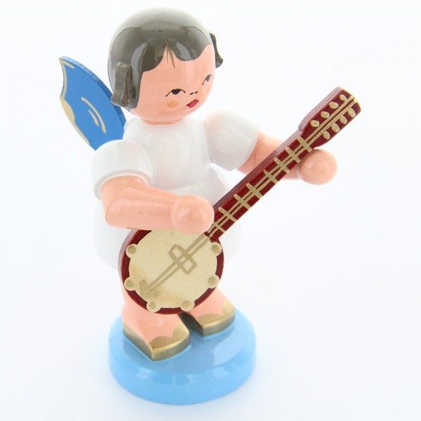 Uhlig Engel stehend groß mit Banjo, blaue Flügel, handbemalt