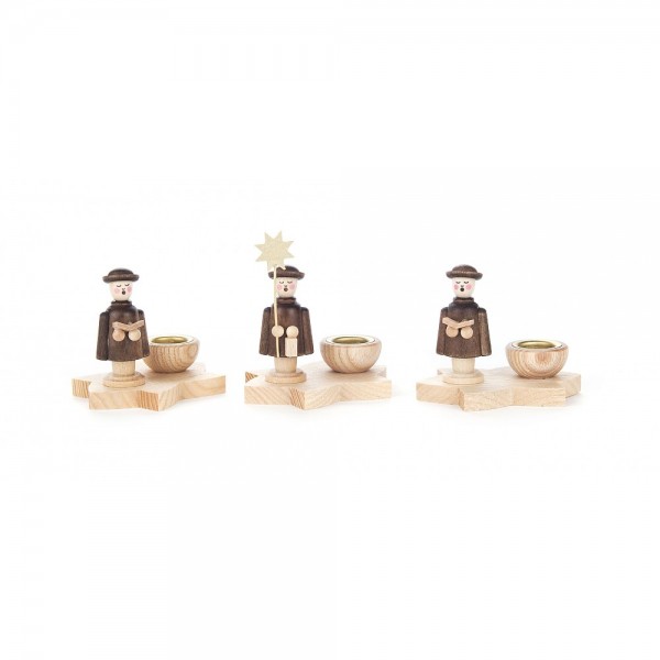 Dregeno Erzgebirge - Kerzenhalter mit Kurrendefigur im Set, 3 Stück natur - 7cm