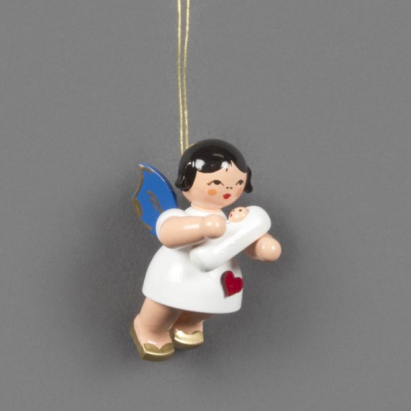 Dregeno Erzgebirge - Schwebeengel Herzengel mit Baby Mädchen, blaue Flügel