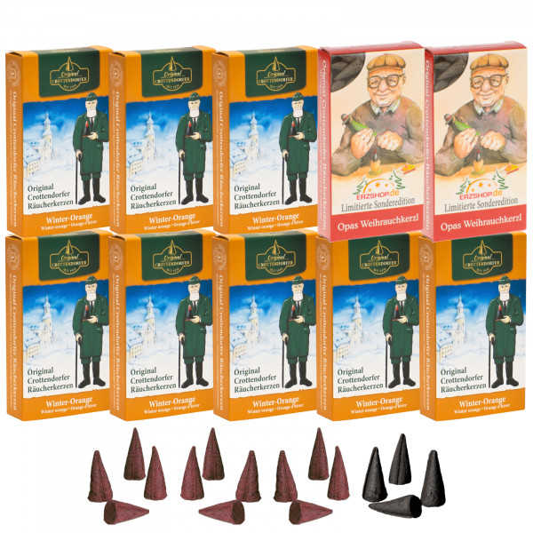Original Crottendorfer Räucherkerzen Winter-Orange - 10 Schachteln - 8x Winter-Orange, 2x Opas Weihrauchkerzl