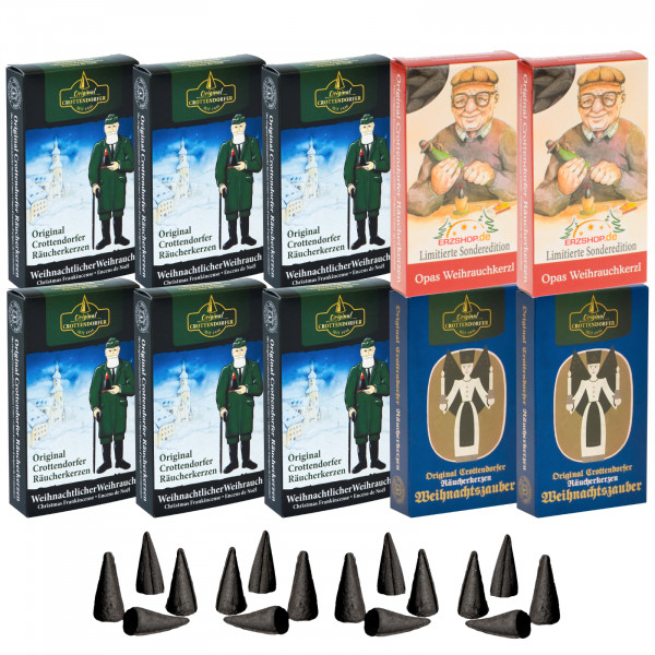 Original Crottendorfer Räucherkerzen Duftendes Glück - 10 Schachteln - 6x Weihrauch, 2x Weihnachtszauber, 2x Opas Weihrauchkerzl