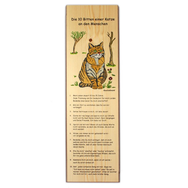 Holzbrett bedruckt zum Aufhängen 16x60cm - Die zehn Bitten einer Katze