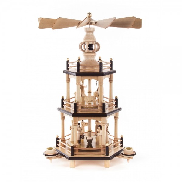 Dregeno Erzgebirge - Pyramide 3-stöckig mit Christi Geburt, natur - 35cm