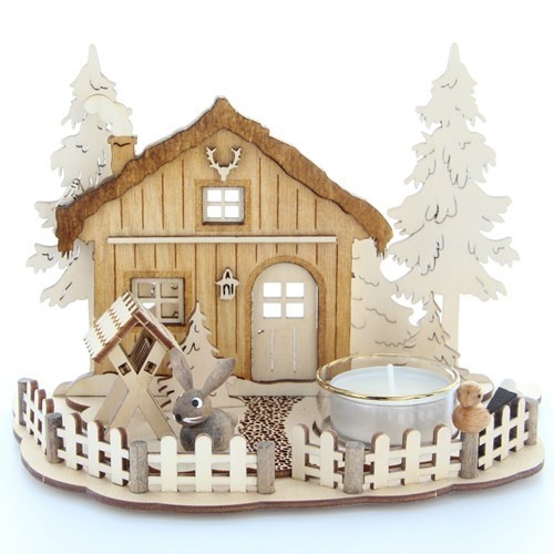HELA Holzkunst - Teelichthalter Weihnachtsszene - Forsthaus und Krippe, graviert
