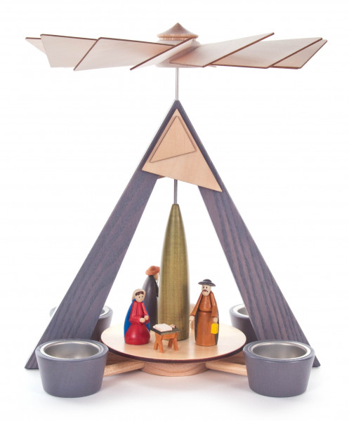 Dregeno Erzgebirge - Pyramide mit Christi Geburt, grau mit farbig lasierten Figuren, für Teelichte