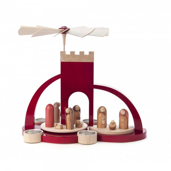 Dregeno Erzgebirge - Pyramide Torbogen rot mit Christi Geburt, moderne Figuren - 33cm