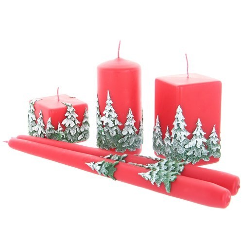 Weihnachtskerze Rot - Kerzenset mit Wald - 5-teilig