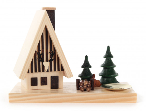 Dregeno Erzgebirge - Räucherhaus Waldhaus mit Hase, Bäumen und Kerzenhalter für Kerze Ø 14 mm