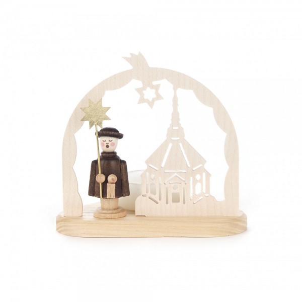 Dregeno Erzgebirge - Teelichthalter mit Seiffener Kirche und Kurrendefigur - 9cm