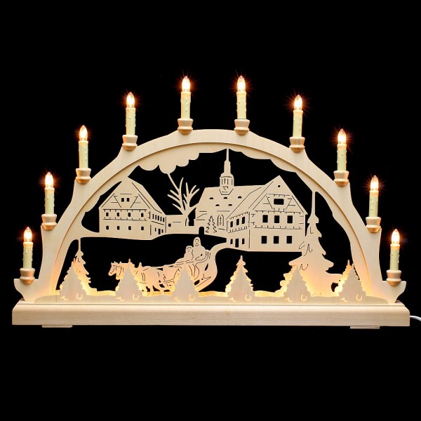 HELA Holzkunst - Schwibbogen Erzgebirge 16flammig - Kirche mit Pferdeschlitten indirekt beleuchtet