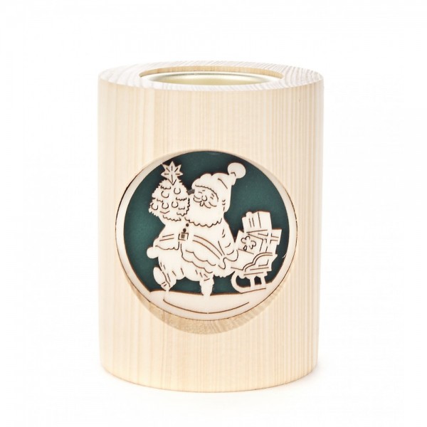 Dregeno Erzgebirge - Teelichthalter 10cm natur - Motiv Weihnachtsmann und Glocke