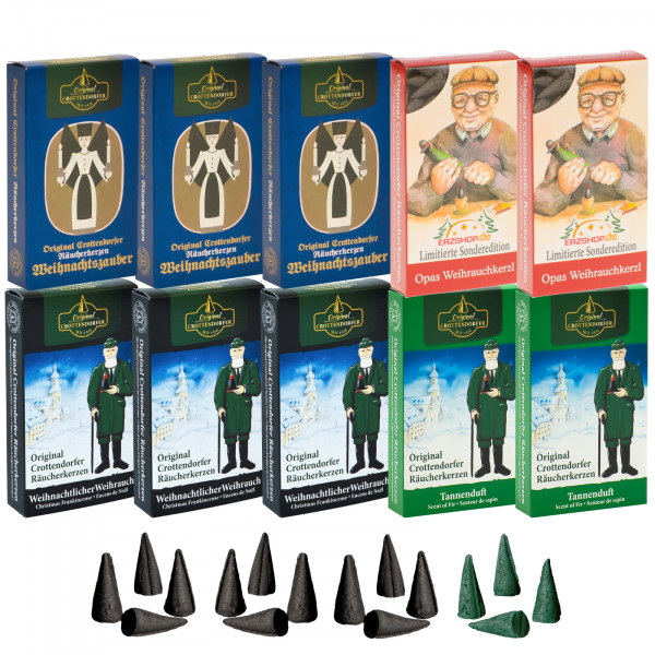 Original Crottendorfer Räucherkerzen Feiner Rauch - 10 Schachteln - 3x Weihnachtszauber, 3x Weihrauch, 2x Tannenduft, 2x Opas Weihrauchkerzl