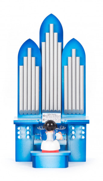 Dregeno Erzgebirge - Engel an der Orgel mit Musikspielwerk, blaue Flügel