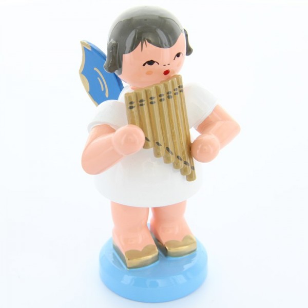 Uhlig Engel stehend groß mit Panflöte, blaue Flügel, handbemalt