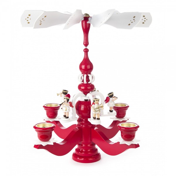 Dregeno Erzgebirge - Pyramidenleuchter rot mit Engel, für Teelichte - 46cm
