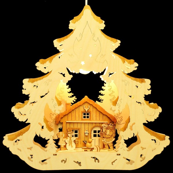 HELA Holzkunst - Fensterbild Baum Forsthaus Weihnachtsmann und Schneemann