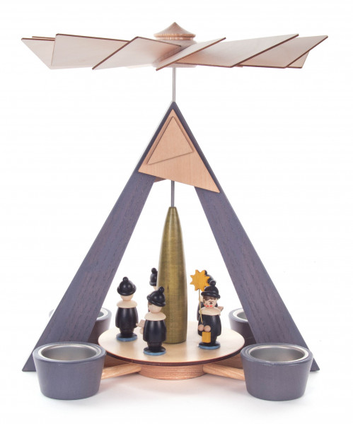 Dregeno Erzgebirge - Pyramide mit Kurrende, grau mit farbigen Figuren, für Teelichte
