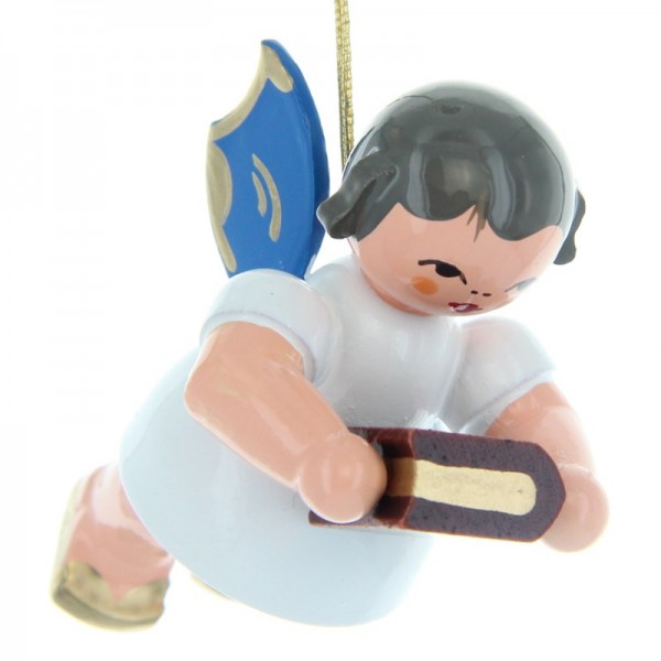 Uhlig Schwebeengel mit Bibel, blaue Flügel, handbemalt