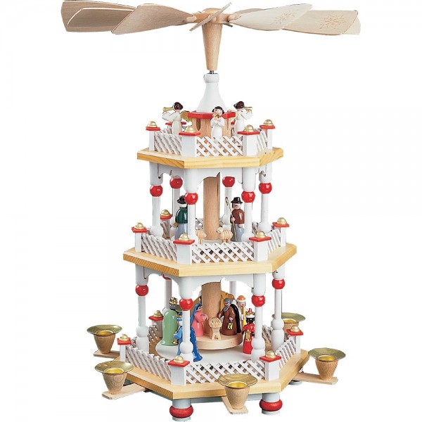 Richard Glässer Erzgebirgspyramide Christi Geburt 2-stöckig weiß 40cm