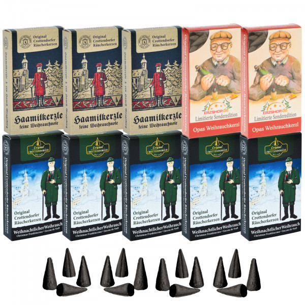 Original Crottendorfer Räucherkerzen Weihrauchzauber - 10 Schachteln - 3x Haamitkerzle, 5x Weihrauch, 2x Opas Weihrauchkerzl