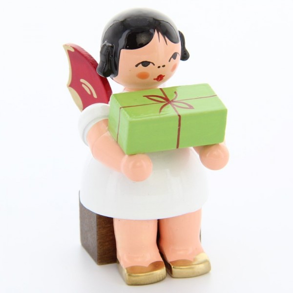 Uhlig Engel sitzend mit Geschenk, rote Flügel, handbemalt