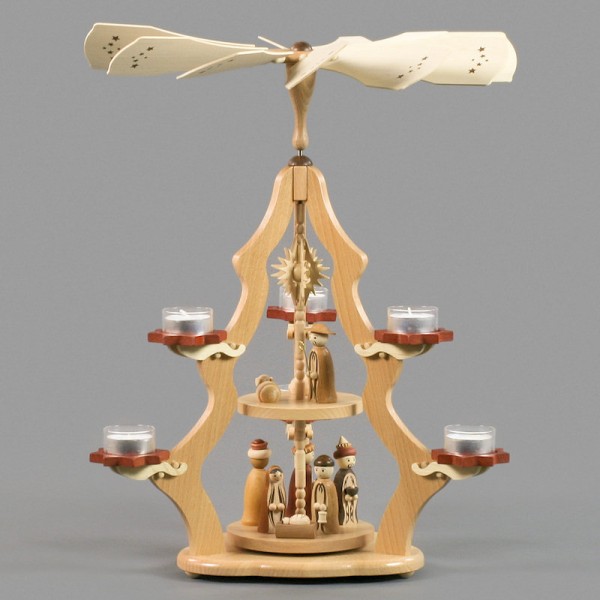 Dregeno Erzgebirge - Pyramide 2-stöckig mit Christi Geburt, für Teelichte - 47cm