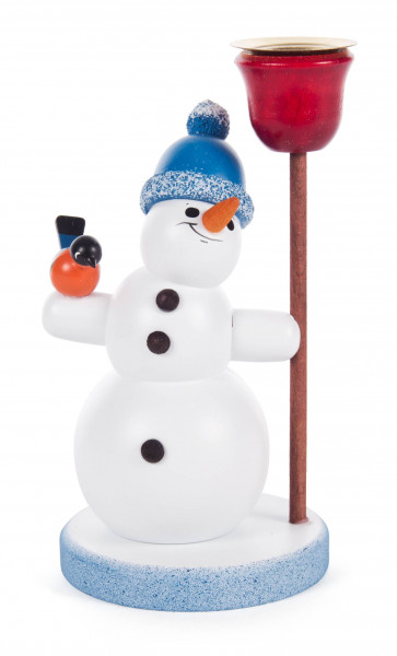 Dregeno Erzgebirge - Schneemann mit Kerzenhalter und blauer Pudelmütze, für Kerze Ø 14 mm