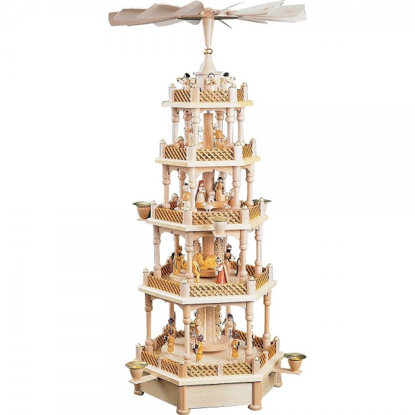Richard Glässer Erzgebirgspyramide Christi Geburt 4-stöckig mit Spielwerk Stille Nacht 70cm