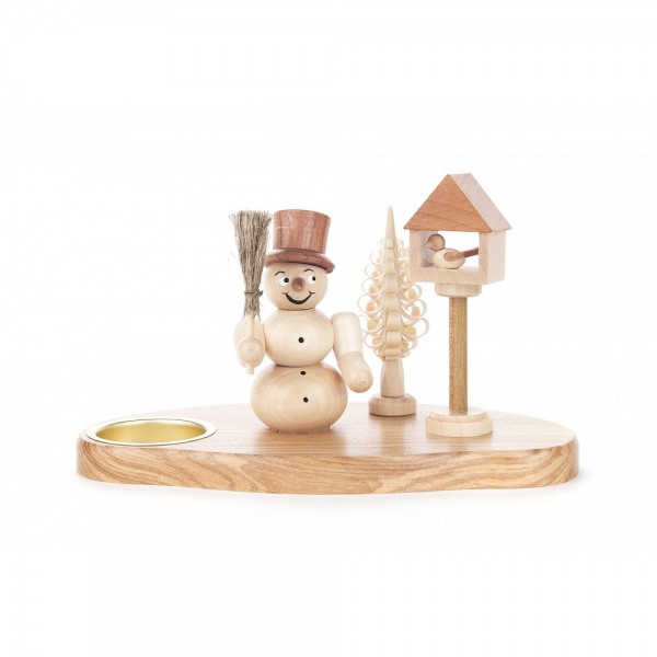 Dregeno Erzgebirge - Teelichthalter mit Schneemann und Vogelhaus natur - 11cm