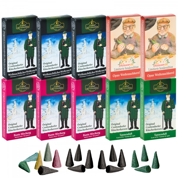 Original Crottendorfer Räucherkerzen Winterfreude - 10 Schachteln - 3x Weihrauch, 3x Bunte Mischung, 2x Tannenduft, 2x Opas Weihrauchkerzl