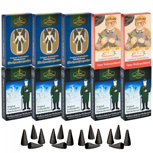 Original Crottendorfer Räucherkerzen Wohlgeruch der Weihnacht - 10 Schachteln - 3x Weihnachtszauber, 5x Weihrauch, 2x Opas Weihrauchkerzl
