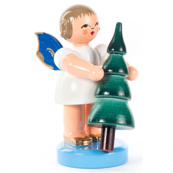 Dregeno Erzgebirge - Engel mit Weihnachtsbaum stehend blaue Flügel