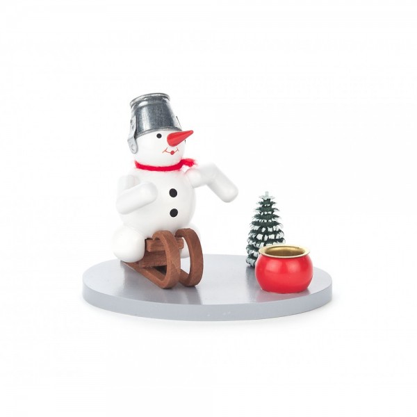 Dregeno Erzgebirge - Kerzenhalter mit Schneemann als Schlittenfahrer - 7cm