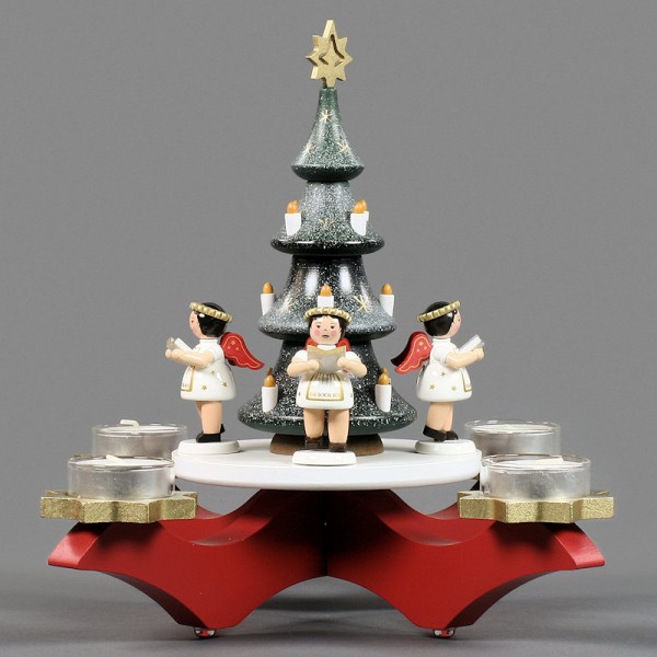 Dregeno Erzgebirge - Adventsleuchter mit 4 Engeln und Weihnachtsbaum, für Teelichter - 27cm