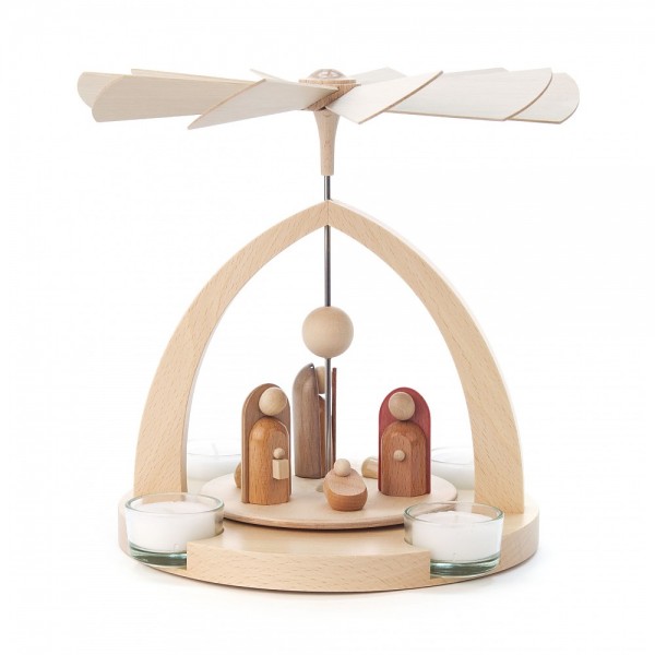Dregeno Erzgebirge - Spitzbogen-Pyramide mit Christi Geburt, natur mit moderne Figuren - 23cm