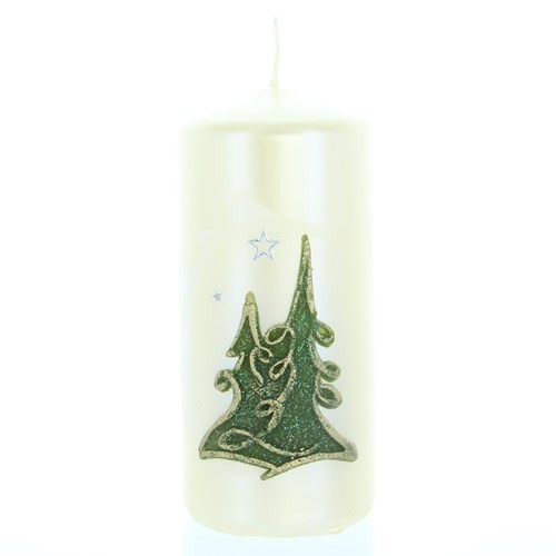 Weihnachtskerze Weiß-metallic - Stumpen mit Tanne - 12cm