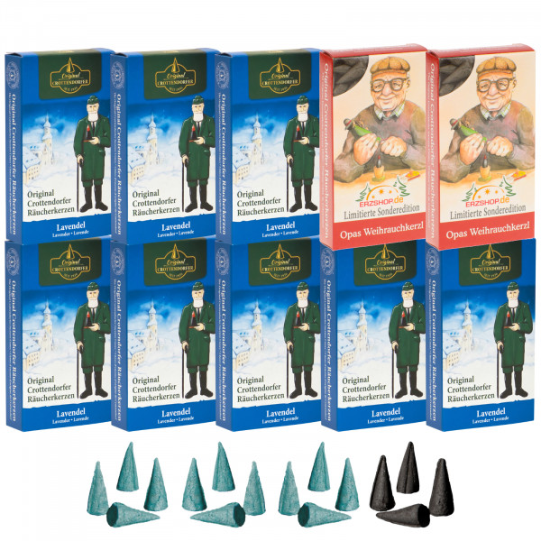 Original Crottendorfer Räucherkerzen Lavendel - 10 Schachteln - 8x Lavendel, 2x Opas Weihrauchkerzl