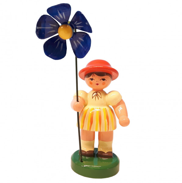 Blumenmädchen hellgelb gestreift / orange, Blume blau