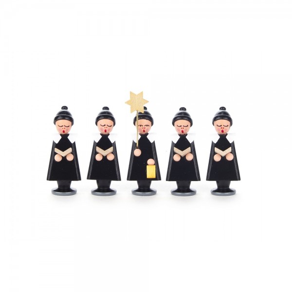 Dregeno Erzgebirge - Kurrendefiguren Sternträger und 4 Sänger mit Buch, schwarz mit Bommelmütze