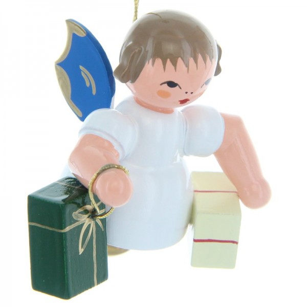 Uhlig Schwebeengel mit 2 Geschenken, blaue Flügel, handbemalt