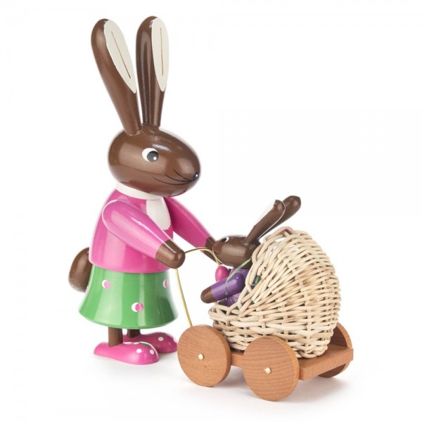 Dregeno Erzgebirge - Osterhäsin mit Kinderwagen, farbig