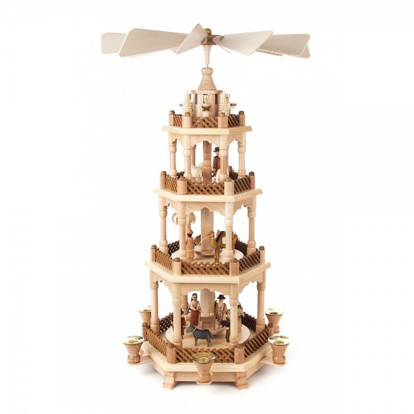 Dregeno Erzgebirge - Pyramide 4-stöckig mit Christi Geburt, Figuren natur - 59cm